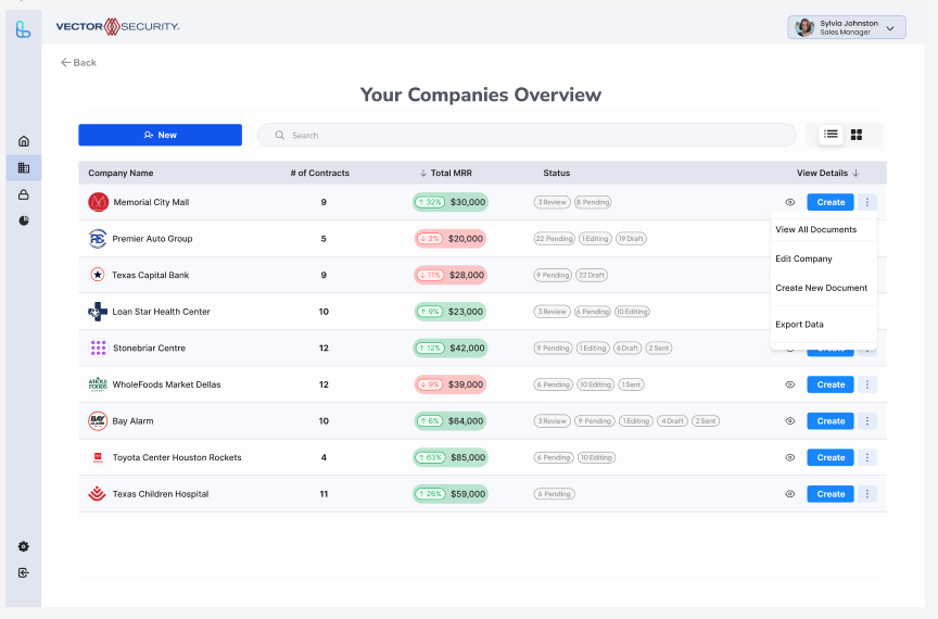 B2B Client List view interface